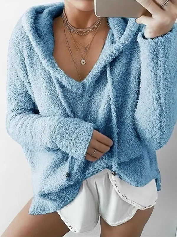 Fuzzy Hooded V-Neck Sweater Cashmere Blend Cotton Blend Poly Blend