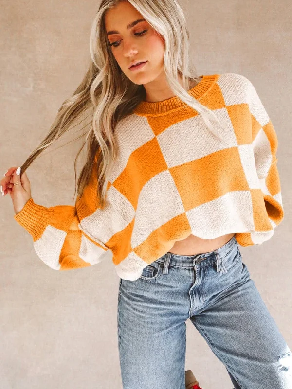 Autumnal Plaid Bishop Sleeve Sweater Casual Formal Business
