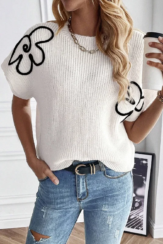 Flower Embroidery Sweater Tee Hooded Caped Shawl Collar