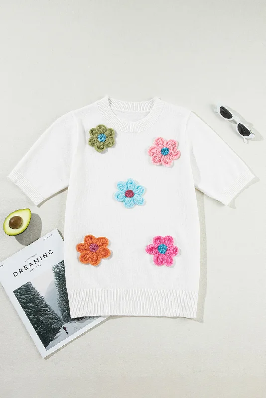 White Cute Flower Applique Short Sleeve Sweater Glossy Satin Silk