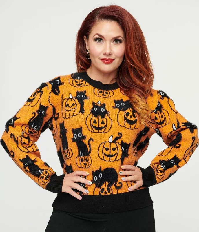 Unique Vintage Orange Pumpkin & Black Cat Print Sweater Zippered Buttoned Snapped