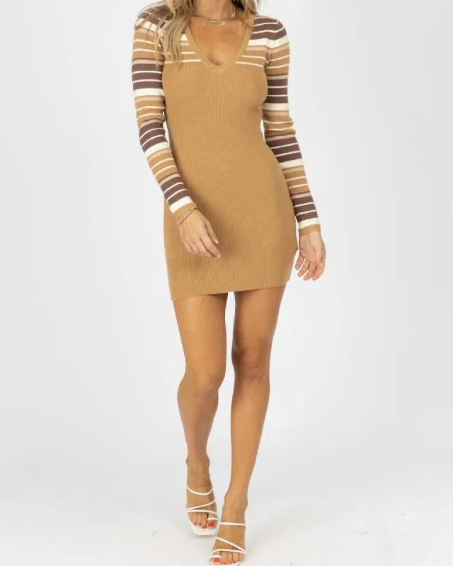 Striped Sleeve Sweater Mini Dress In Khaki | Khaki Solid Color Striped Floral Print