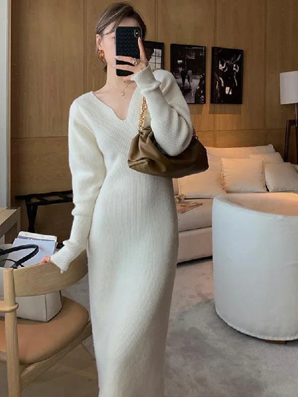 Julia Fashion - Women's Dress Robe V-Neck Sweater Kintted Dresses Iron Safe Non-Iron Wrinkle Free