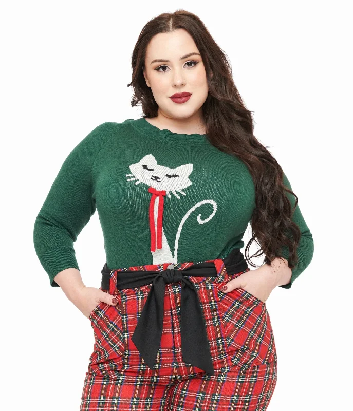 Unique Vintage Plus Size 1960s Forest Green & Cream Cat Lorelai Sweater Welt Pockets Slit Pockets Flap Pockets Unique Vintage Plus Size 1960s Forest Green & Cream Cat Lorelai Sweater Welt Pockets Slit Pockets Flap Pockets