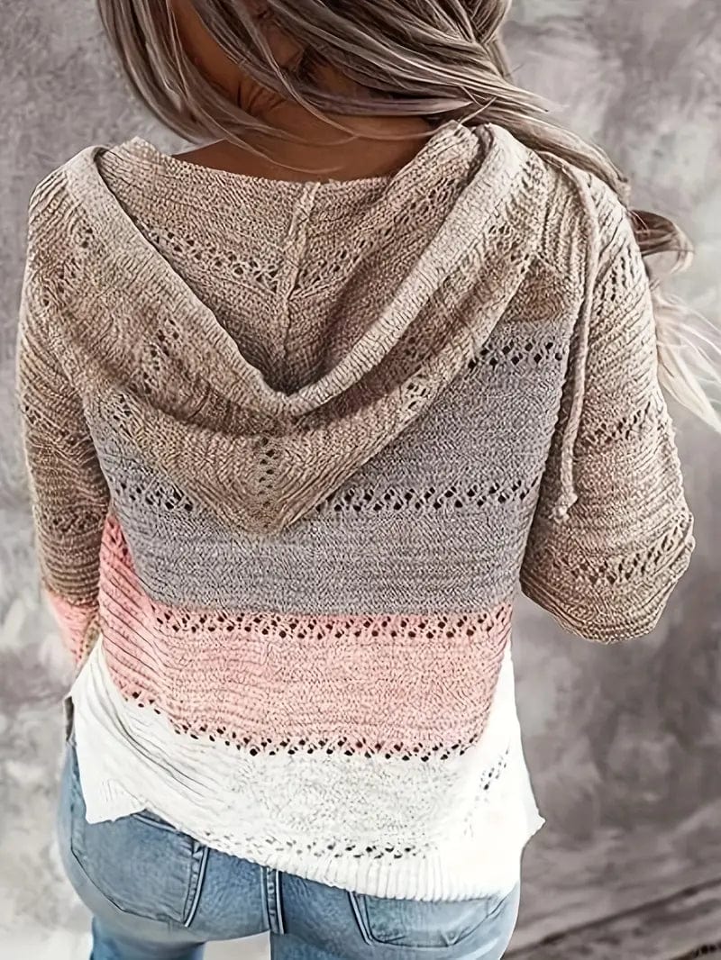 Autumn Color Block Hooded Knit Sweater Elegant Classic Vintage
