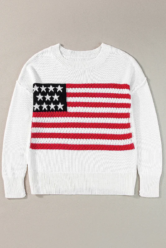 American Flag Cable Knit Drop Shoulder Sweater Fitted Loose Oversized
