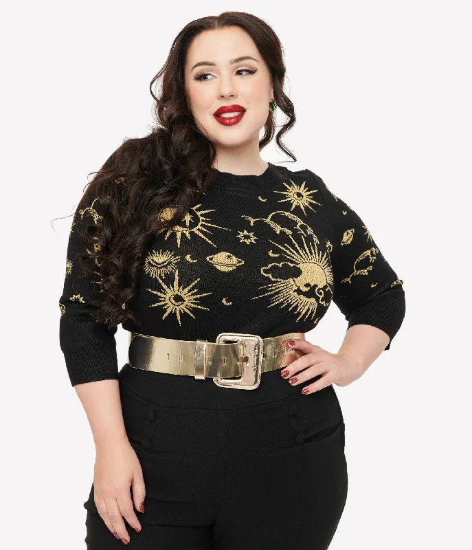 Unique Vintage Plus Size 1950s Black & Gold Celestial Minou Sweater Slim Fit Regular Fit Oversized Unique Vintage Plus Size 1950s Black & Gold Celestial Minou Sweater Slim Fit Regular Fit Oversized