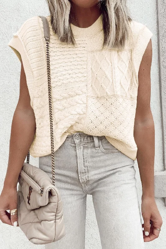 Beige Slouchy Cable Knit Dolman Sleeveless Sweater Vest Terry Terry Cloth Terry Knit
