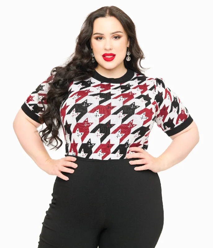 Unique Vintage Plus Size Burgundy & Black Cat Houndstooth Paige Sweater Wool Sweater Cotton Sweater Cashmere Sweater Unique Vintage Plus Size Burgundy & Black Cat Houndstooth Paige Sweater Wool Sweater Cotton Sweater Cashmere Sweater