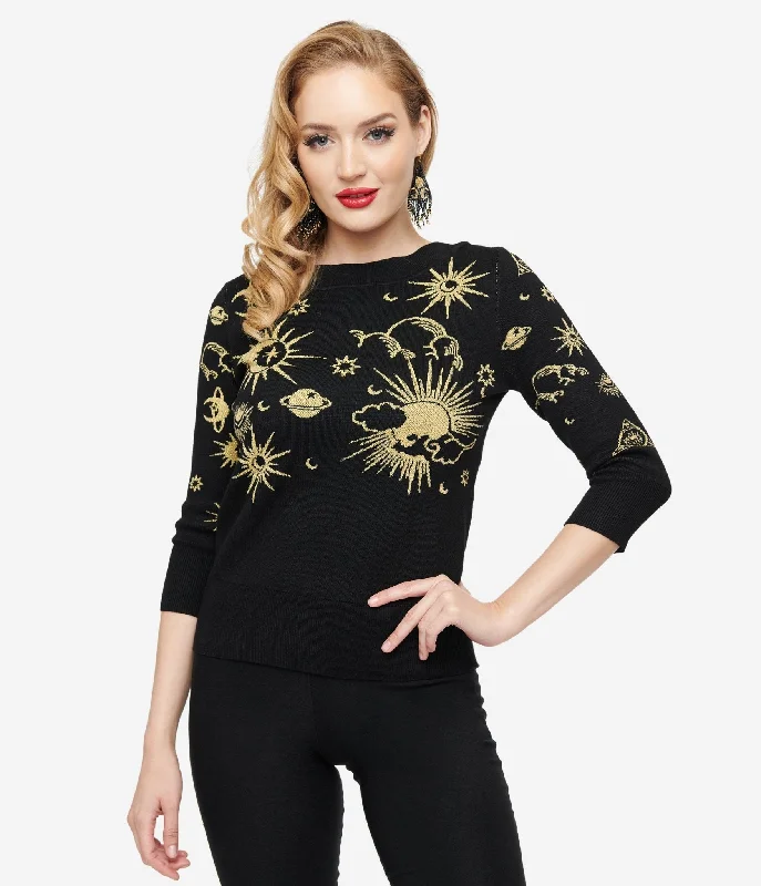 Unique Vintage 1950s Black & Gold Celestial Minou Sweater High Neck Crew Neck V-Neck Unique Vintage 1950s Black & Gold Celestial Minou Sweater High Neck Crew Neck V-Neck