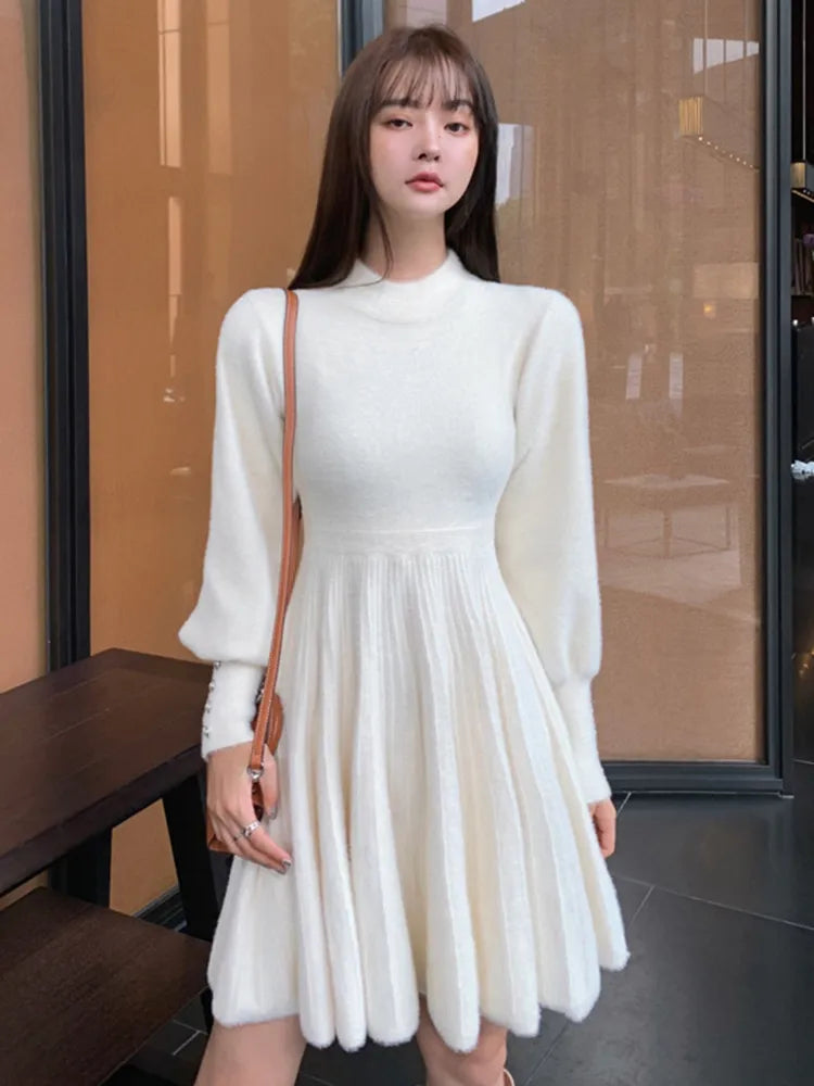 High Quality Autumn Winter Knitted Sweater Dress Women Korean Sweet Vestidos Long Sleeve Button Casual Pull Mini Dress For Women Neon Metallic Matte