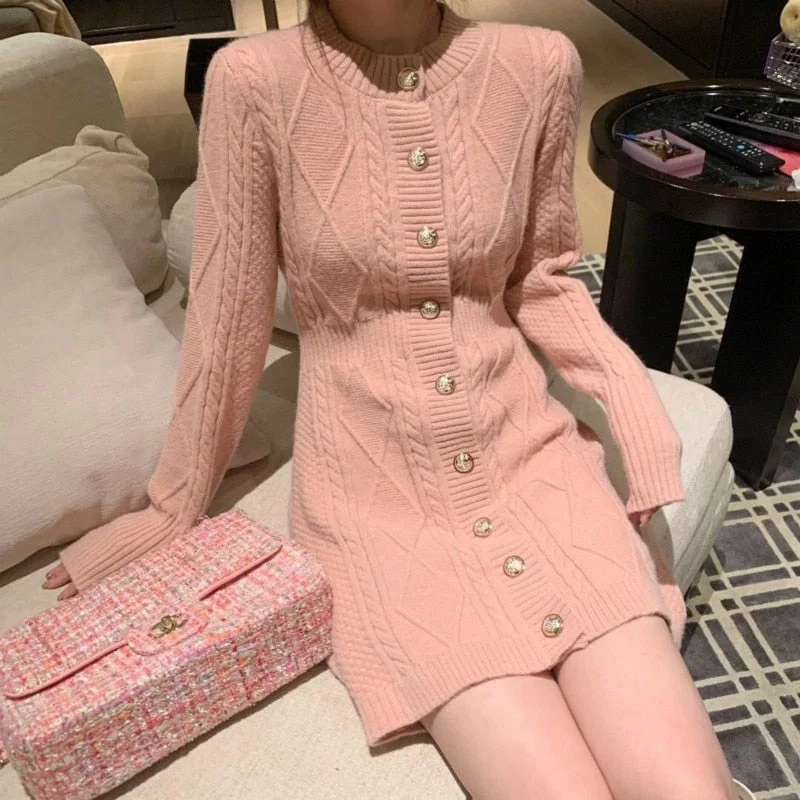 Herstory Spring Autumn Elegant O-neck Single-breasted Women Solid Sweater Dress Long Sleeve Knitted Middle-length Dress Anti-Pilling Anti-Shrink Durable