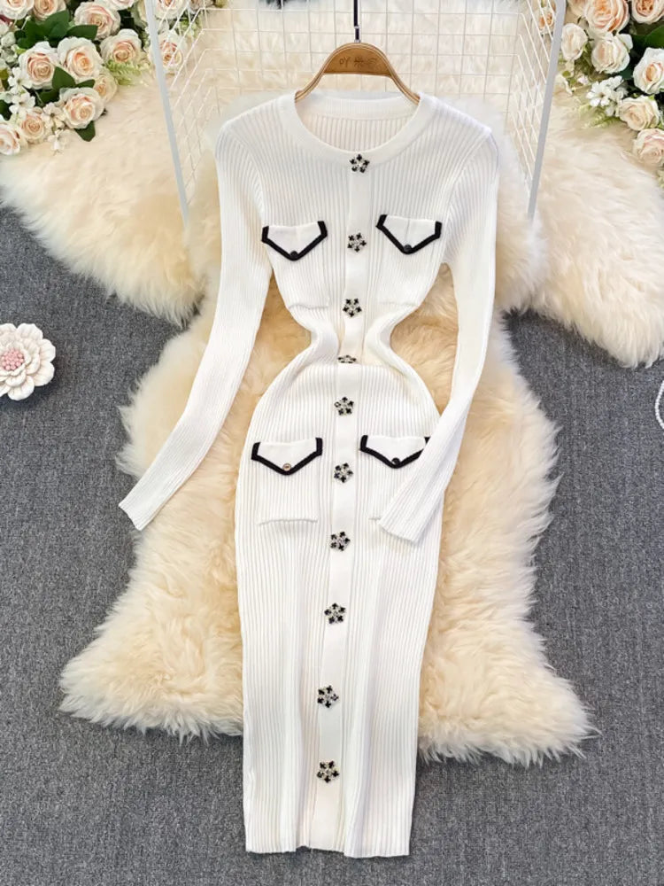 Small Fragrance Sheath Bodycon Bottomed Sweater Dress Women 2022 Autumn Korean Fashion Casual Knitting Dresses Party Vestidos Bright Pastel Dark