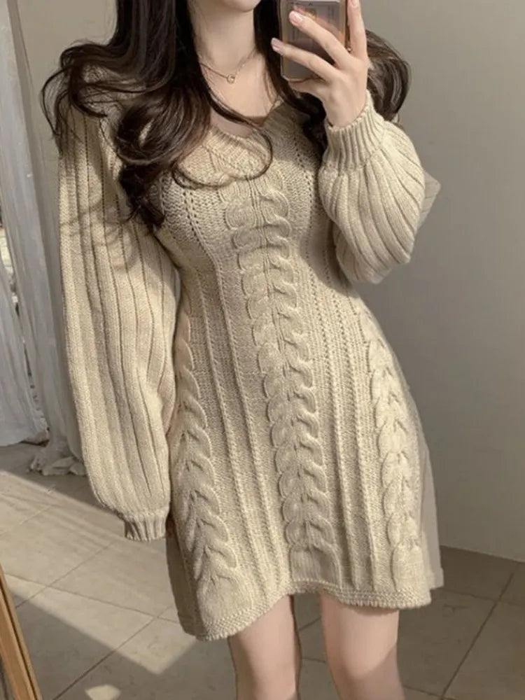 QWEEK 2023 Autumn Winter Knit Knitted Sweater Dress Women Vintage Casual Solid Slim Wrap Long Sleeve Mini Short Dresses Party Spandex Blend Rayon Blend Denim Blend