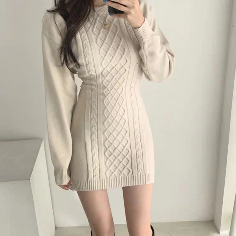 Herstory Fashion Hollow Out Waist Sweater Dress Women Autumn Winter High Elastic Twist Knitted Dress Casual Bodycon Mini Dress Soft Cozy Warm