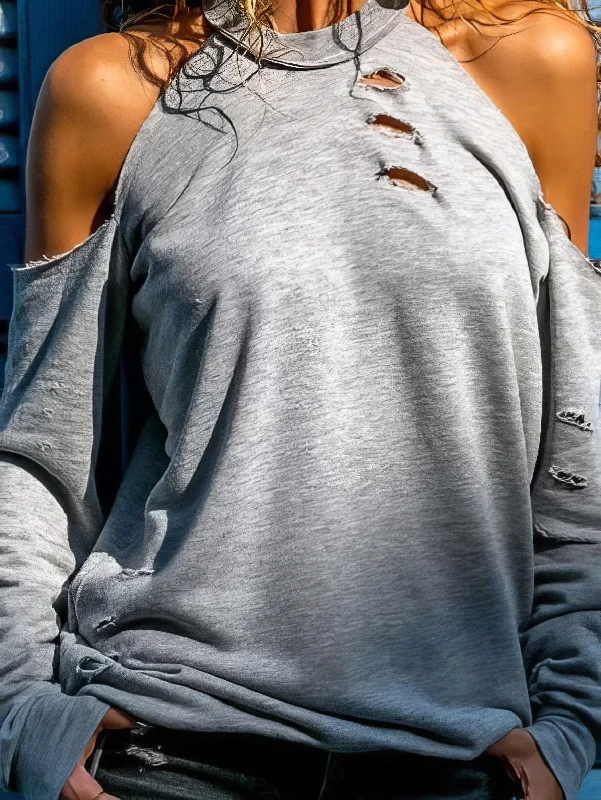 Open Shoulder Distressed Knit Sweater Nylon Fabric Polyester Fabric Spandex Fabric