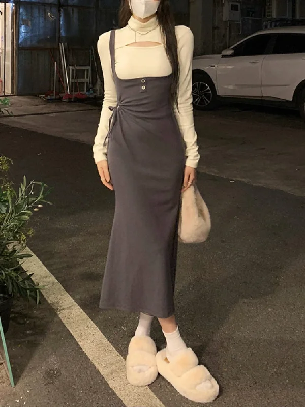 Getadme-Autumn 2 Piece Dress Set Women Elegant Bodycon Midi Dress Female Y2k Clothing Korean Fashion Knitted Sweater + Strap Dress Real Fur Shearling Chenille