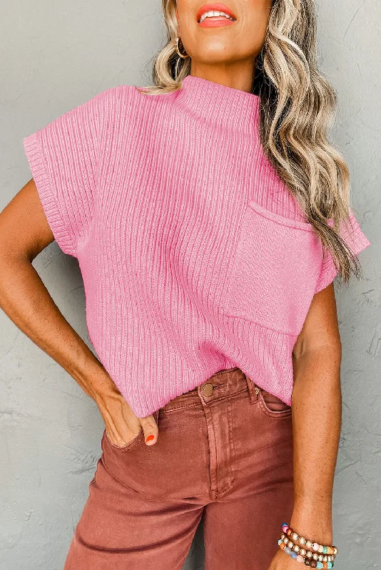 Patch Pocket Ribbed Knit Short Sleeve Sweater Wool Fabric Cashmere Fabric Tweed Fabric