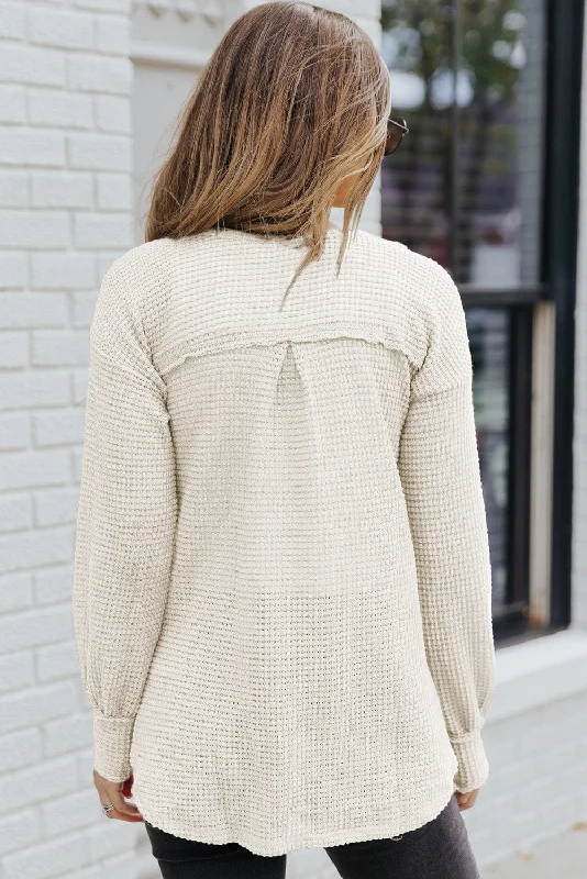 Cream Waffle Knit Henley Pocket Sweater Real Fur Shearling Chenille