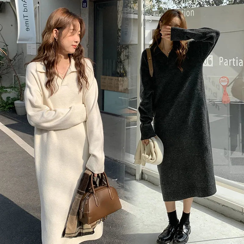Getadme-Casual Thicken Warm Loose Sweater White Dress Women Autumn Winter Lapel Full Sleeve Solid Long Knitted Dresses Female Vestidos Houndstooth Herringbone Solid