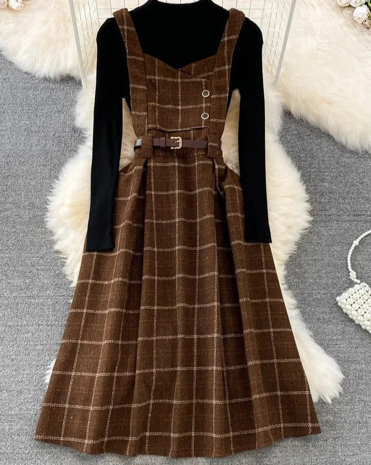 High Quality Fall Winter Women Sweater Overalls Dress Sets Casual Knitted Tops +Plaid Woolen Dress 2 Piece Sets Outfits Female Oversized Loose Flowy