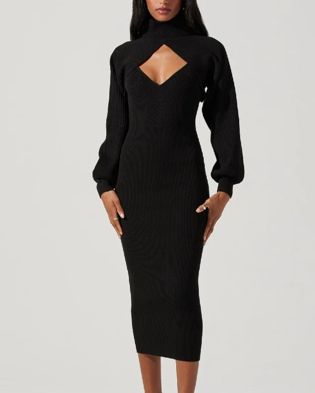 Jodie Sweater Dress In Black | Black Print Jacquard Patchwork