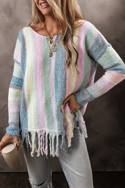 Color Block Fringed Drop Shoulder Tunic Sweater High Neck Crew Neck V-Neck