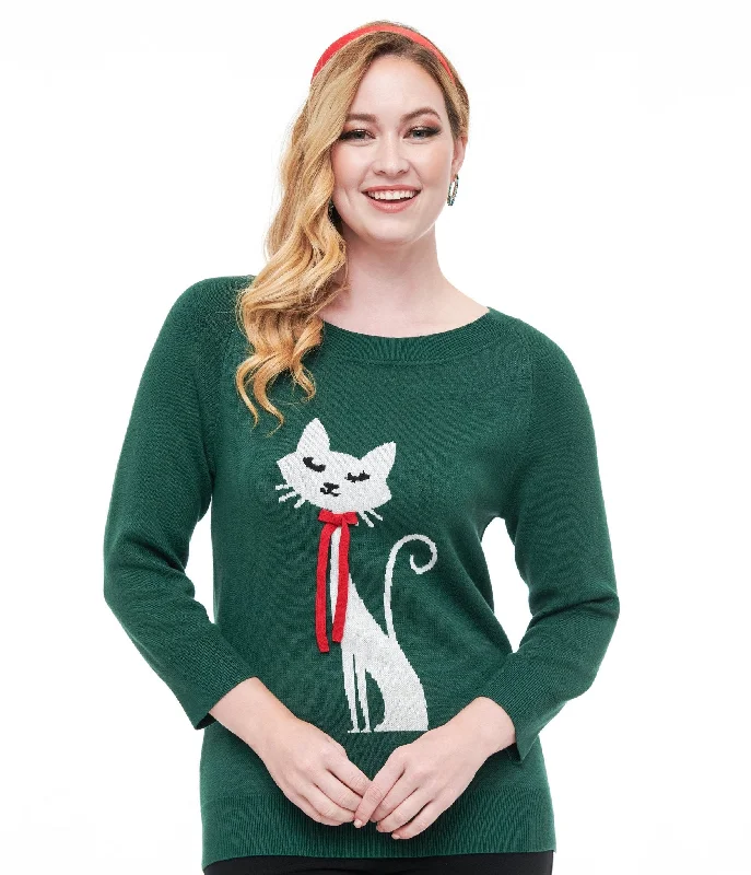 Unique Vintage 1960s Forest Green & Cream Cat Lorelai Sweater Front Pockets Side Pockets Patch Pockets Unique Vintage 1960s Forest Green & Cream Cat Lorelai Sweater Front Pockets Side Pockets Patch Pockets