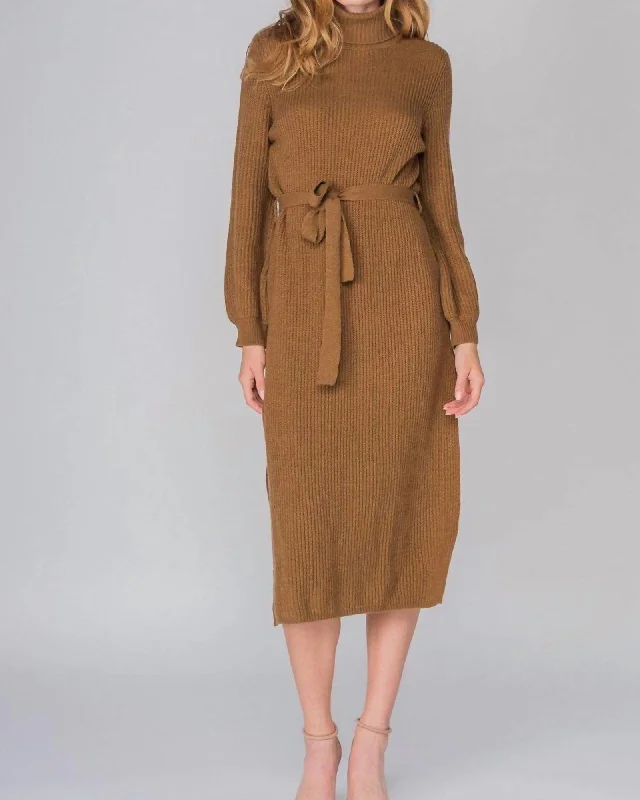 Cafe Turtleneck Sweater Dress in Brown | Brown Notch Collar Peter Pan Collar Cowl Neck