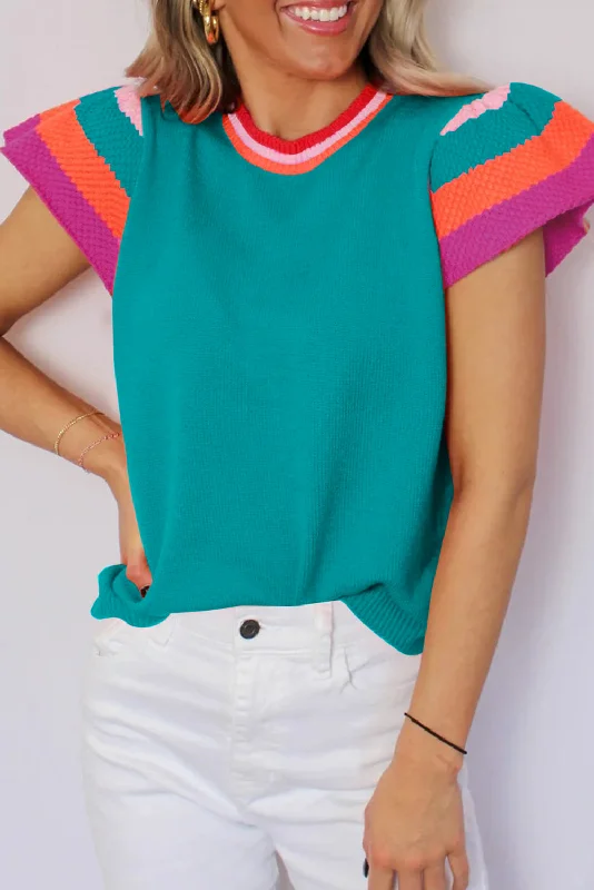 Contrast Flutter Sleeves Knitted Sweater T Shirt Print Jacquard Patchwork