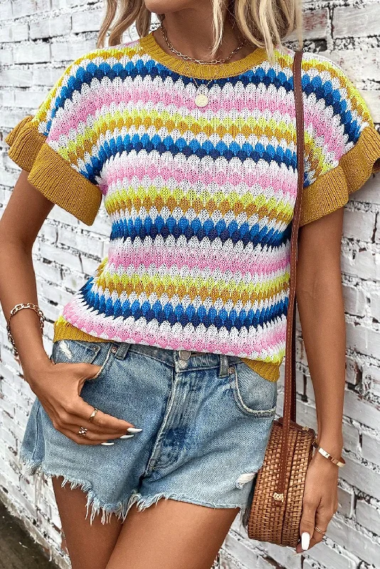 Trimmed Ruffle Sleeve Colorful Textured Sweater Handmade Hand-knitted Hand-woven