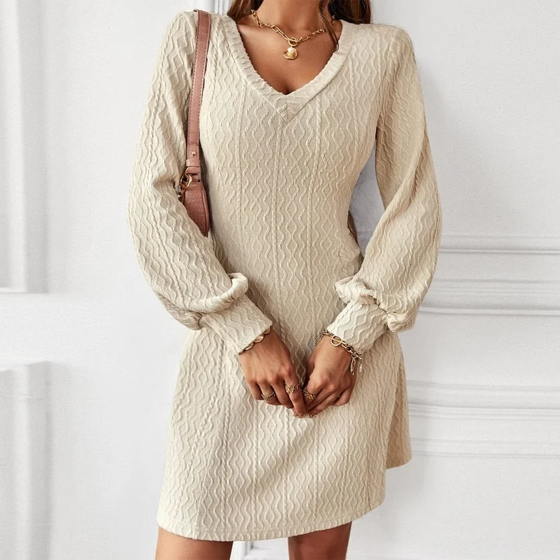 Getadme-Fashion Knit Sweater Dress for Women Fall Dresses New Skinny Elastic High Waist V-Neck Solid Casual Warm Mini Dress Machine Wash Dry Clean Hand Wash