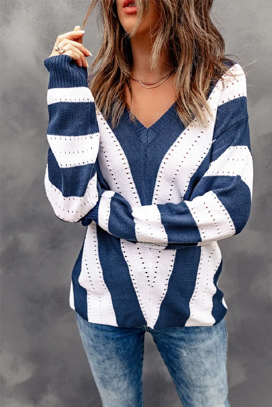 Striped Colorblock V Neck Knitted Sweater Front Pockets Side Pockets Patch Pockets