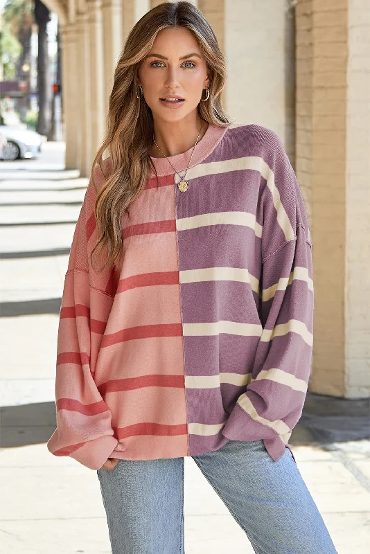 Stripe Colorblock Oversized Sweater Hooded Caped Shawl Collar