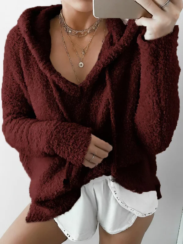 Winter Hooded V-Neck Sweater Glossy Satin Silk