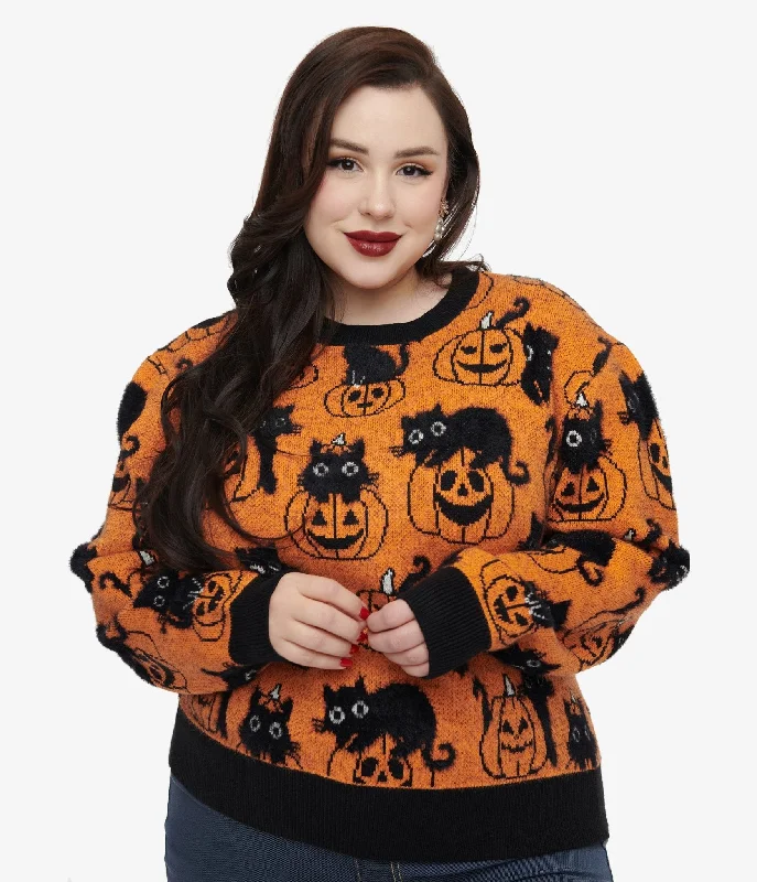 Unique Vintage Plus Size Orange Pumpkin & Black Cat Print Sweater Notch Collar Peter Pan Collar Cowl Neck Unique Vintage Plus Size Orange Pumpkin & Black Cat Print Sweater Notch Collar Peter Pan Collar Cowl Neck