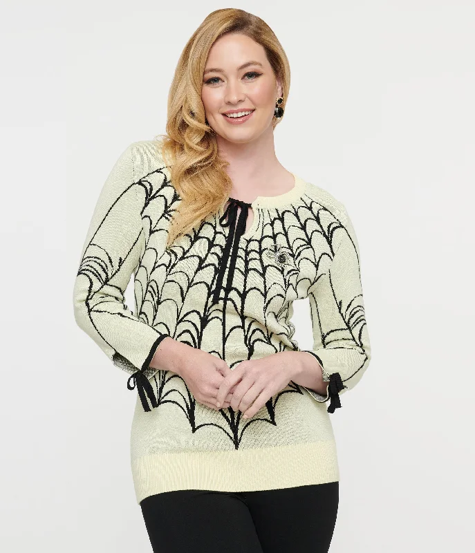 Unique Vintage Cream & Black Spiderweb Keyhole Sweater Machine Wash Dry Clean Hand Wash