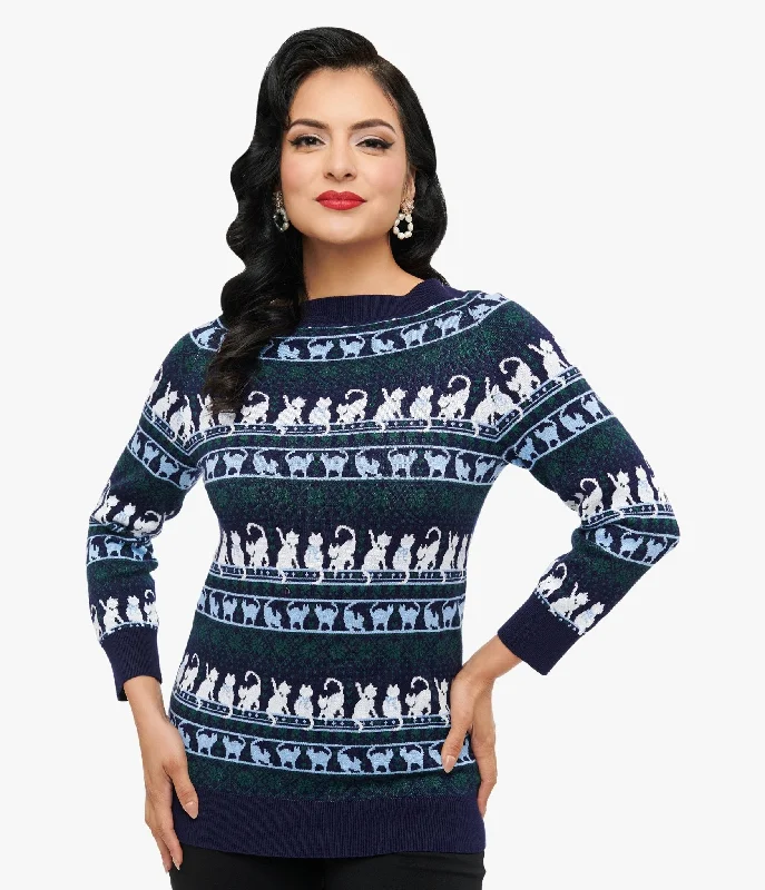 Unique Vintage 1940s Navy & White Cat Pattern Lorelai Sweater Toggled Drawstring Belted Unique Vintage 1940s Navy & White Cat Pattern Lorelai Sweater Toggled Drawstring Belted