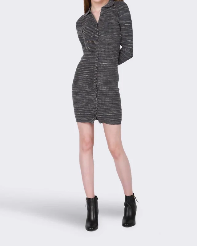 Button Front Spacedye Sweater Dress in Dark/Light Melange | Dark/Light Melange Turtle Neck Boat Neck Asymmetrical Neck