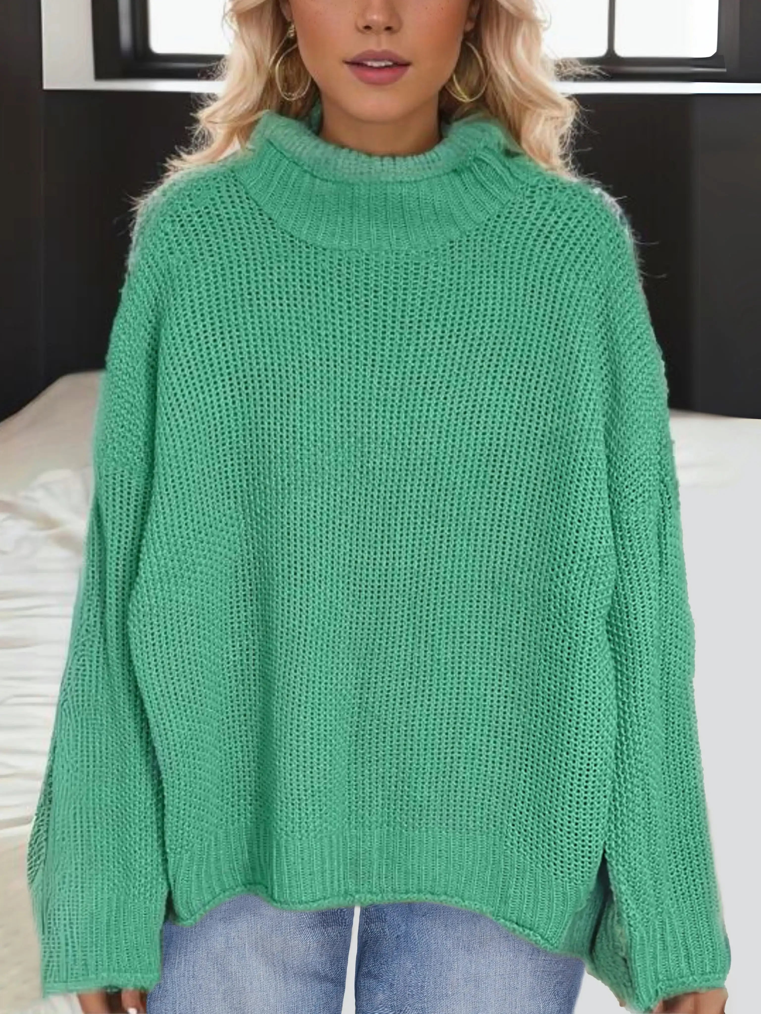 Thick Thread Bat Sleeve Knit Sweater, High Neck Cashmere Blend Cotton Blend Poly Blend Thick Thread Bat Sleeve Knit Sweater, High Neck Cashmere Blend Cotton Blend Poly Blend
