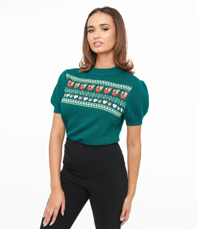 Unique Vintage Green Fox Fair Isle Paige Sweater Ribbed Striped Patterned