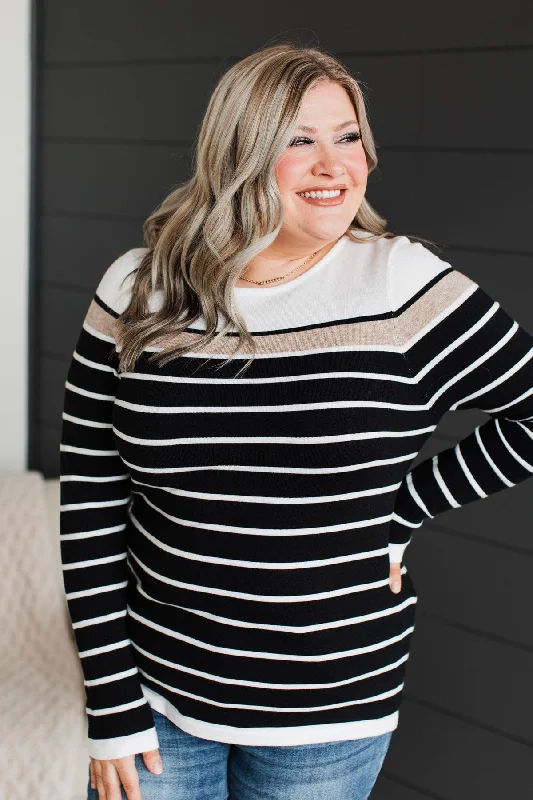 Can't Stay Away Striped Sweater- Black & Taupe