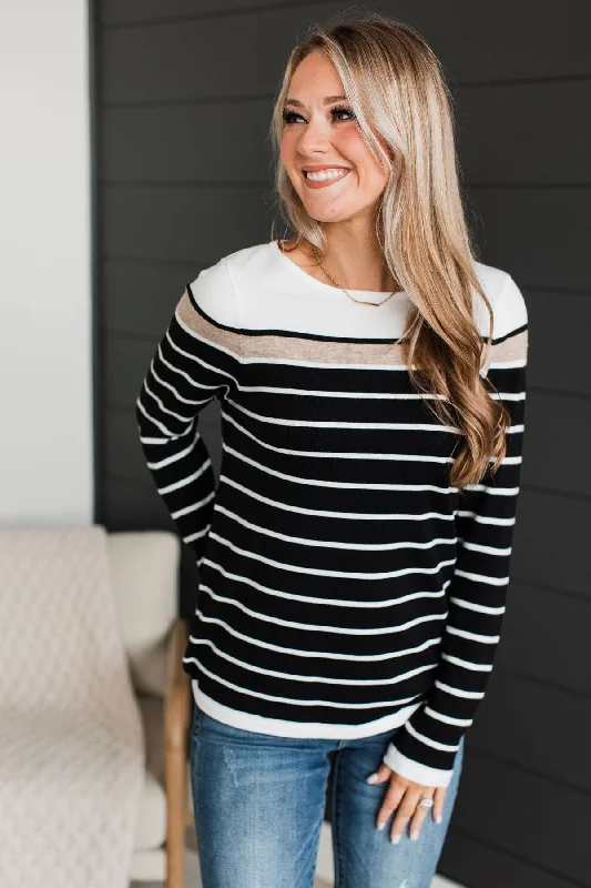 Can't Stay Away Striped Sweater- Black & Taupe