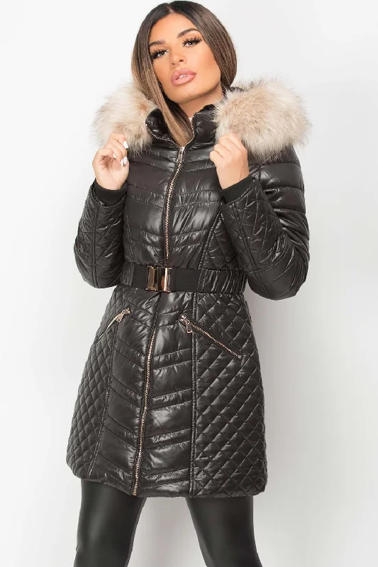 Big Faux Fur Hooded Padded Coat With Belt Black