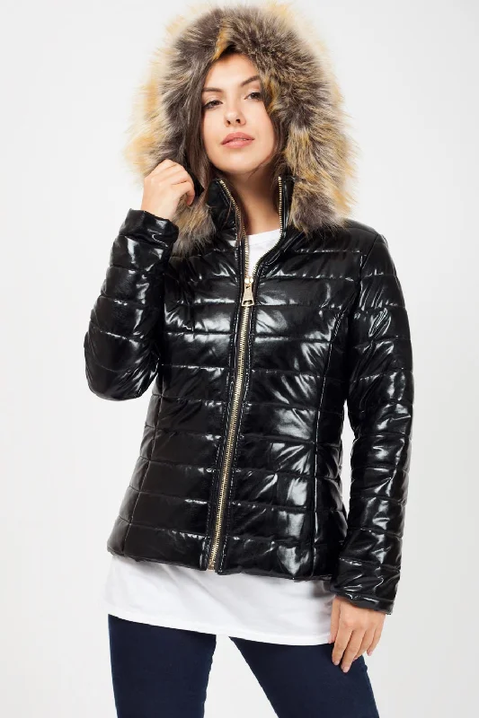 Black Shiny Puffer Faux fur Hood Coat