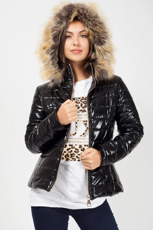 Black Shiny Puffer Faux fur Hood Coat