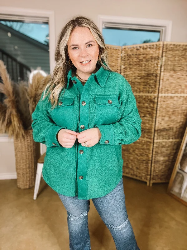 Hollywood Hike Button Up Fleece Jacket with Pockets in Green