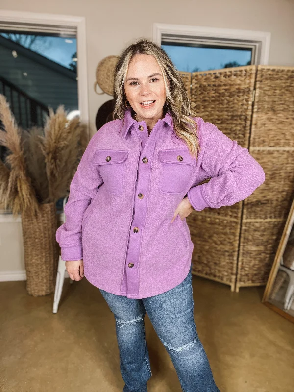 Hollywood Hike Button Up Fleece Jacket with Pockets in Lilac Purple