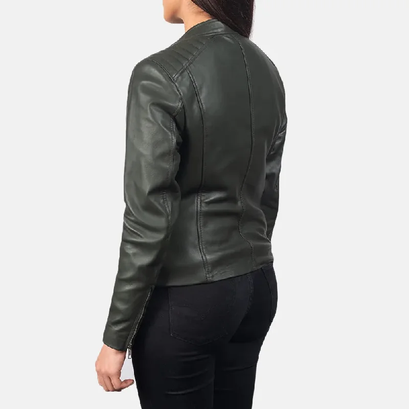 Ladies Green Biker Jacket in Semi-aniline Leather