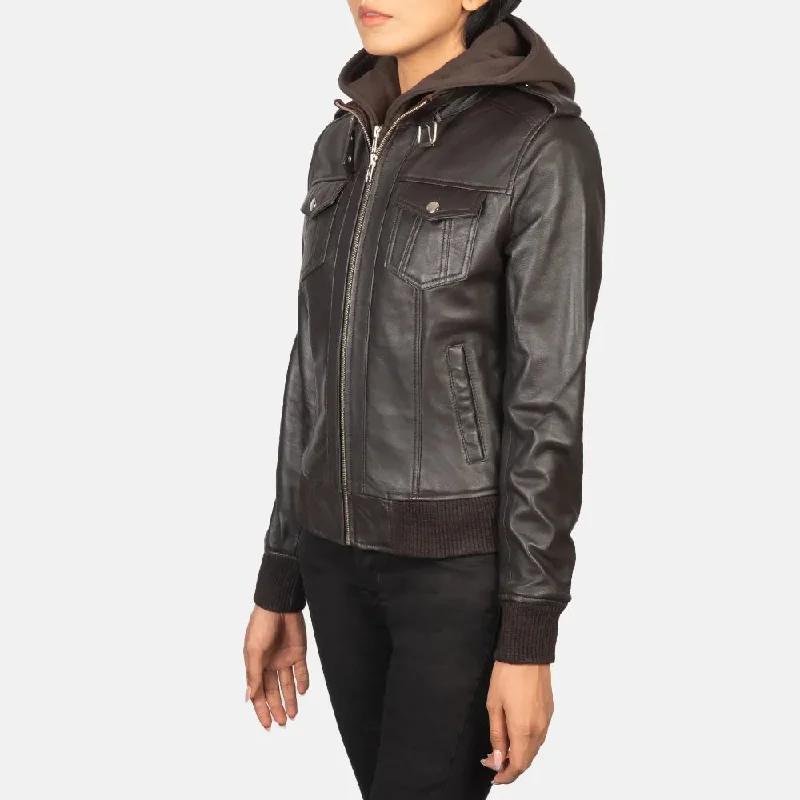 Leather Bomber Jacket Brown with Removable Fabric Hood